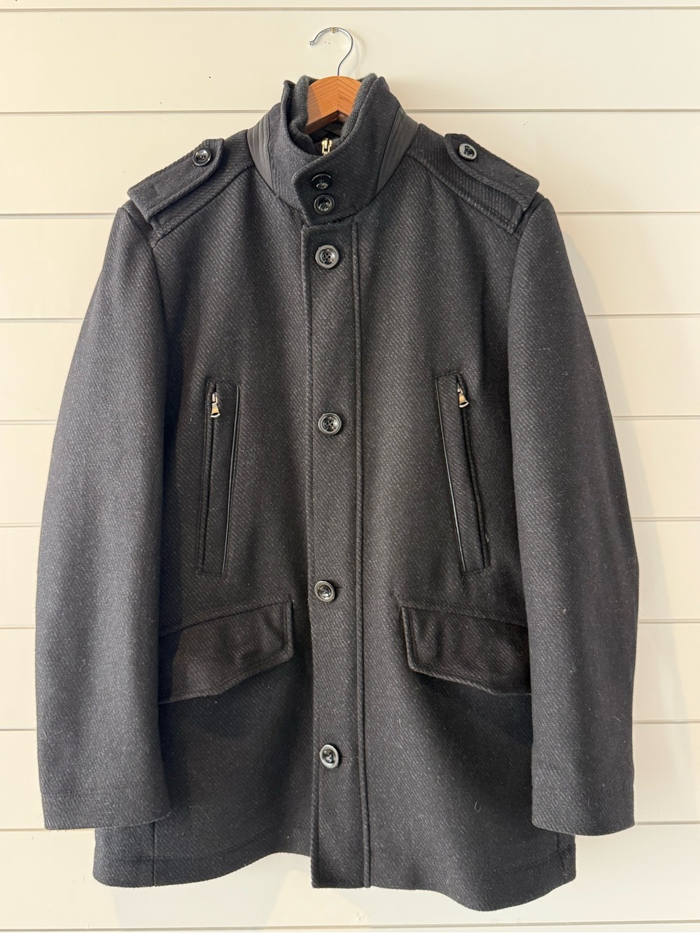 Pronto Uomo Dark Charcoal Military-Style Wool Pea Coat